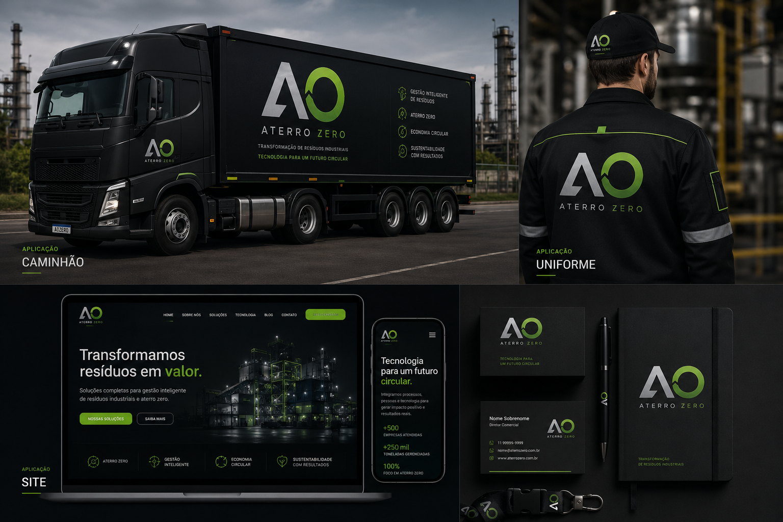 Aplicações do projeto A0 Aterro Zero em caminhão, uniforme, site e papelaria