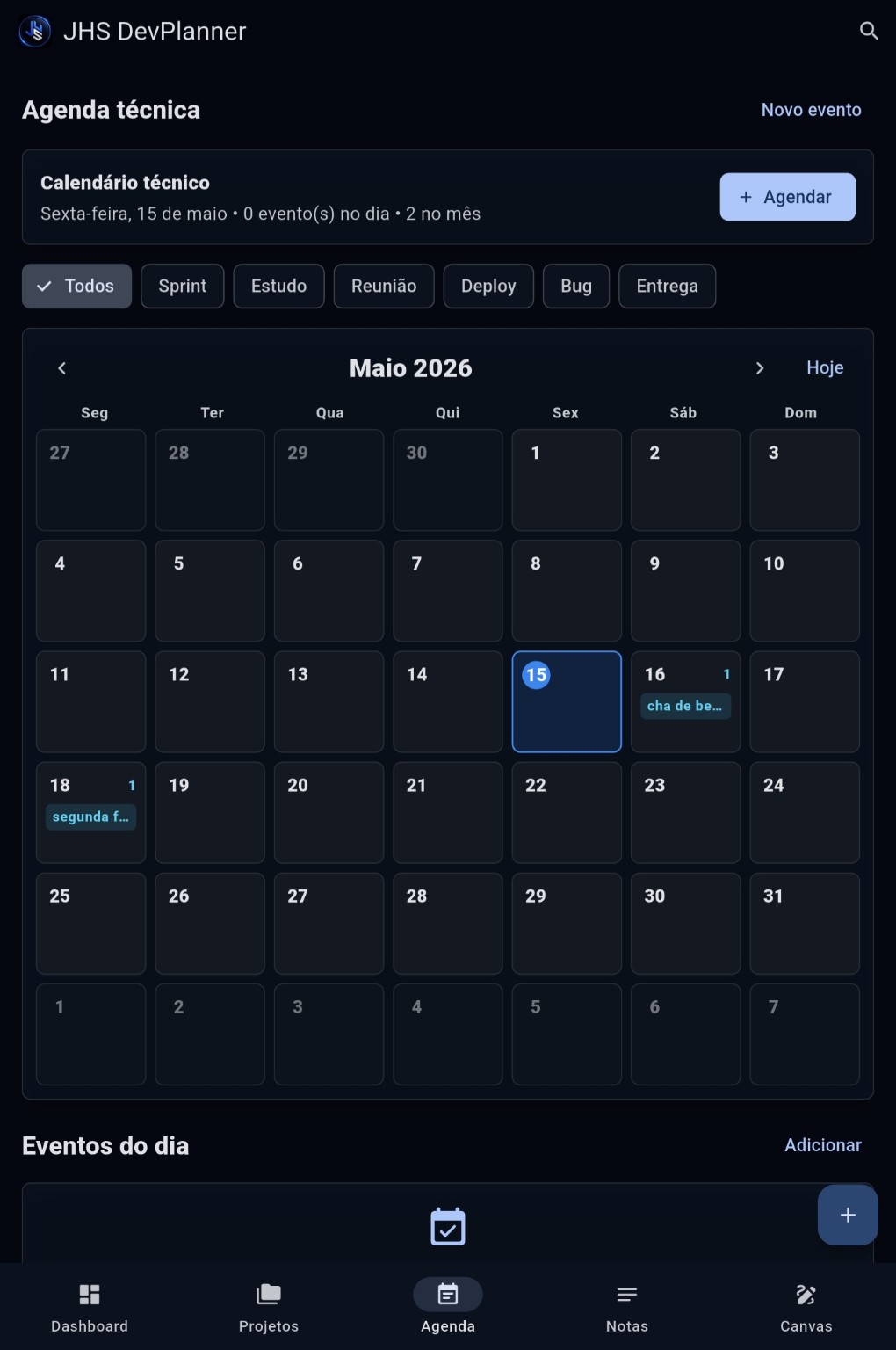 Tela mobile real da agenda técnica do JHS DevPlanner