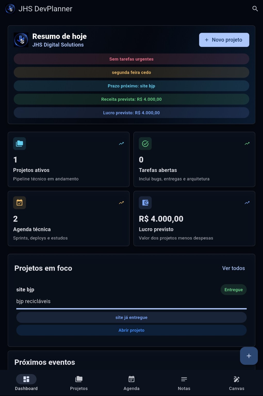 Tela mobile real do dashboard do JHS DevPlanner