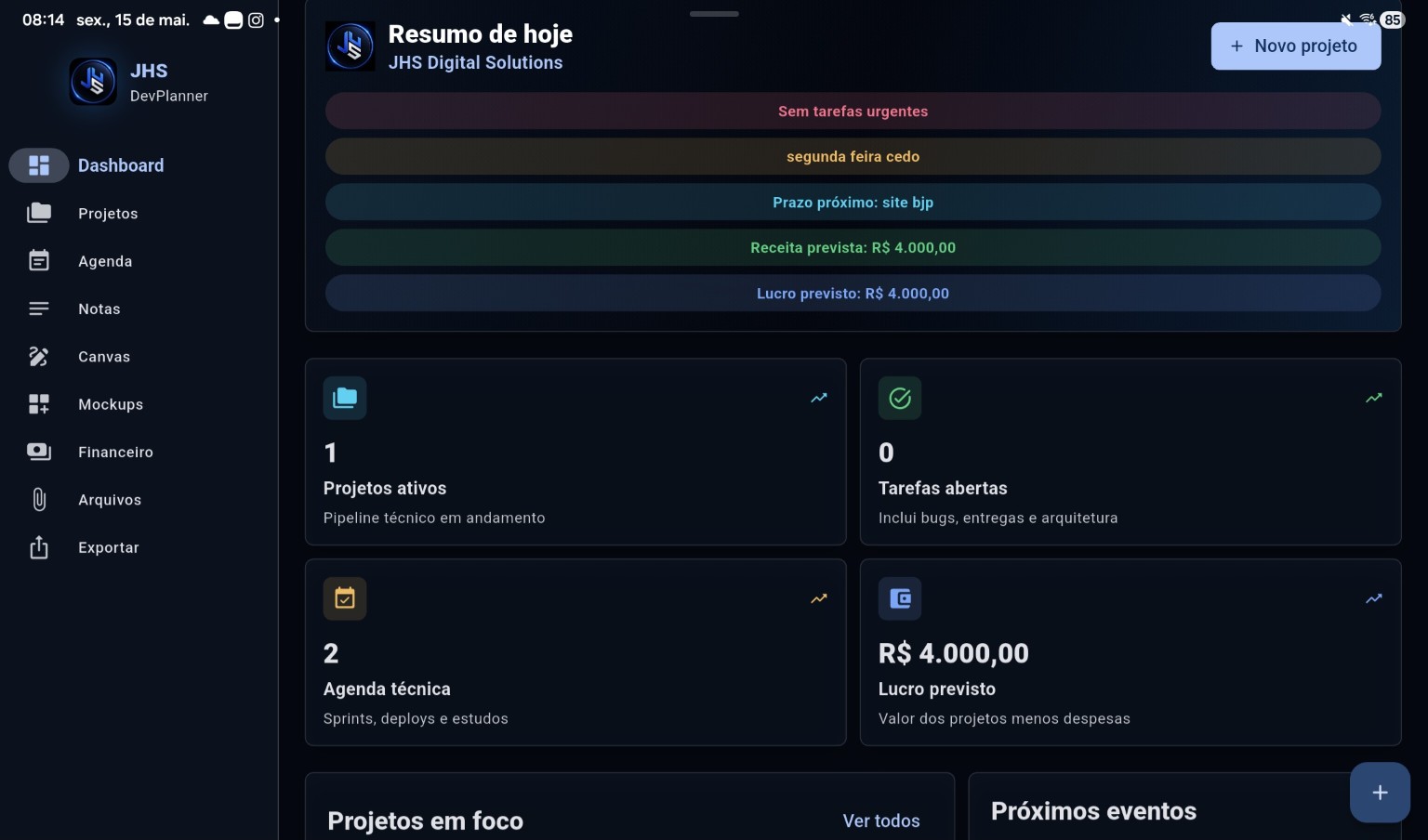 Dashboard real do JHS DevPlanner com cards de métricas