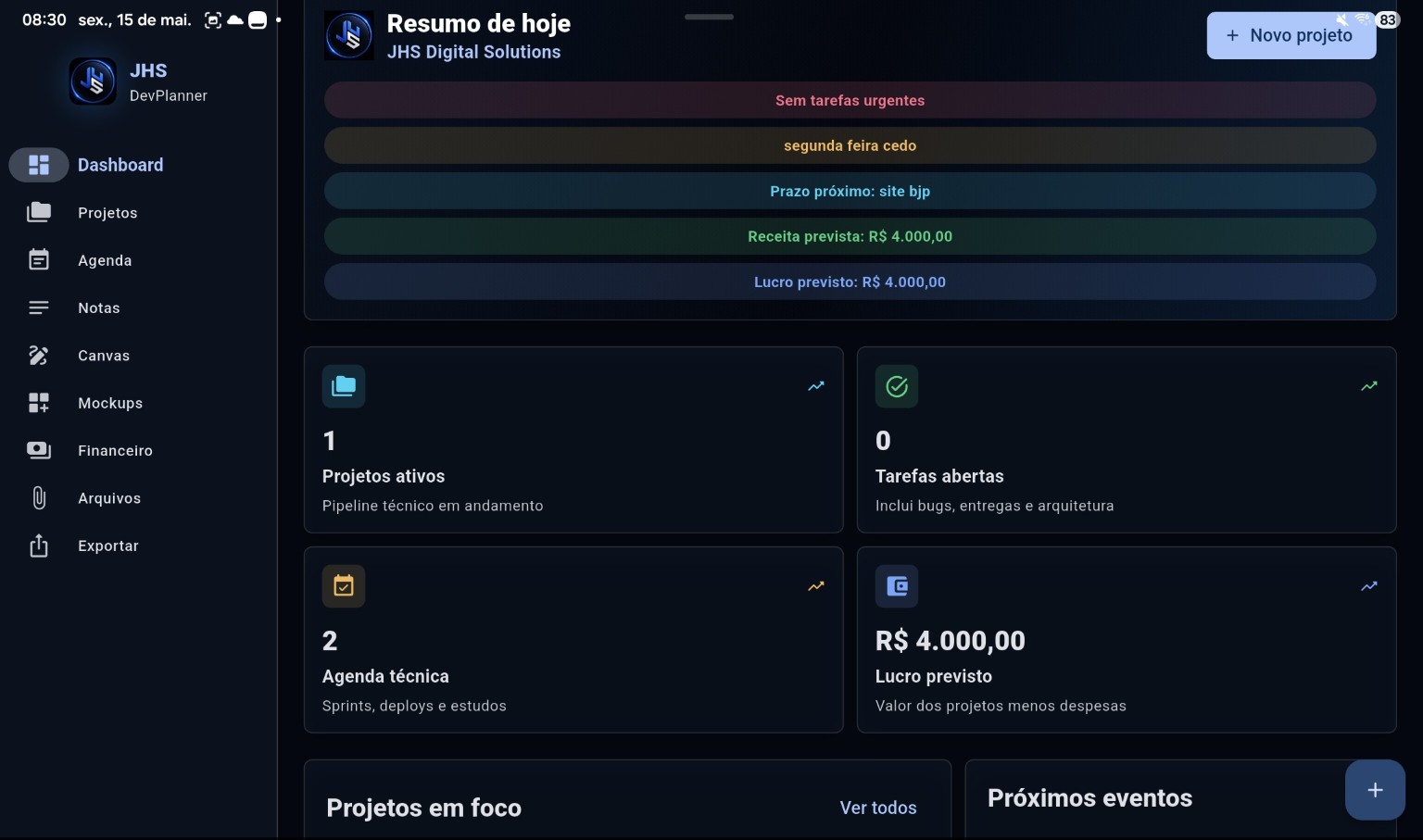 Tela dashboard real do JHS DevPlanner