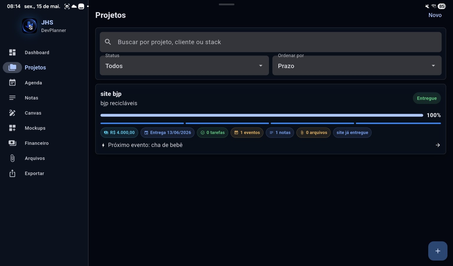Tela real de projetos do JHS DevPlanner em tela ampla